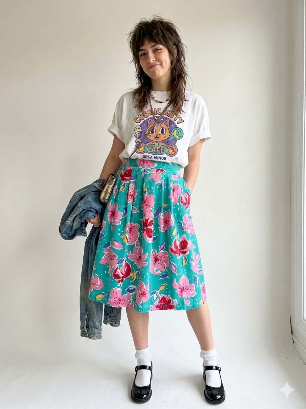 Vintage Handmade Cotton Pleated Floral Skirt Medium 28”-30” Waist Quirky Mod